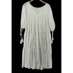 Talisman Dress Cream Tie Neck Fredrico Loose Fit Cotton S/M  Boho Ethereal Tier
